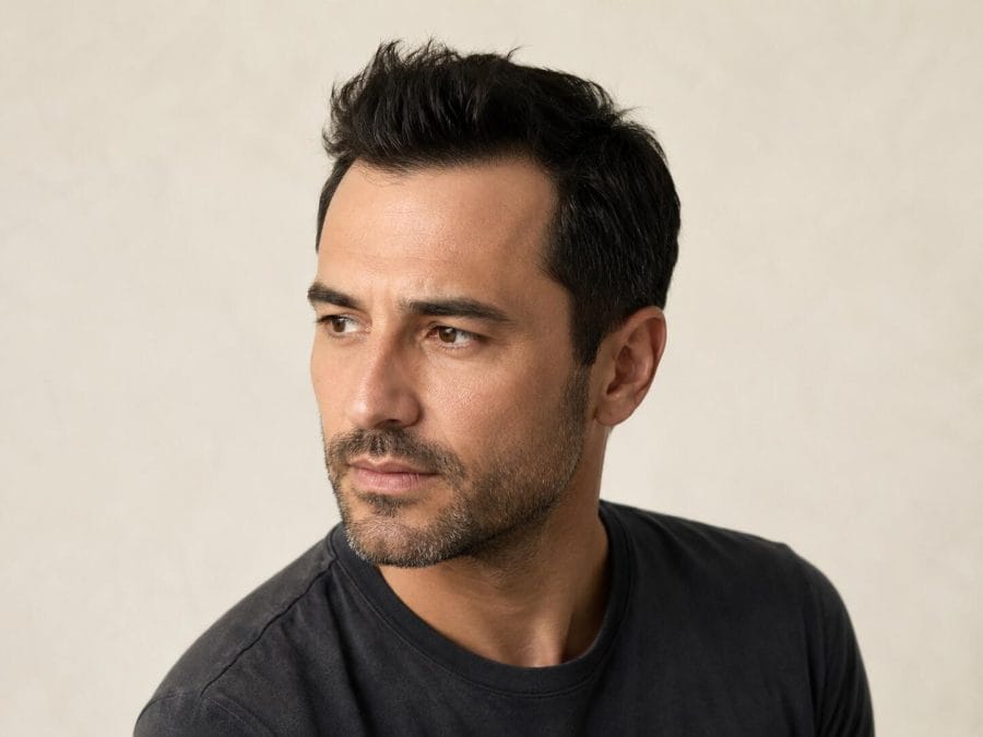 Short quiff with controlled central lift and visible receded temples
