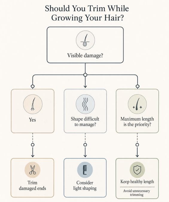 Decision tree showing when to trim hair based on damage, shape, and growth goals