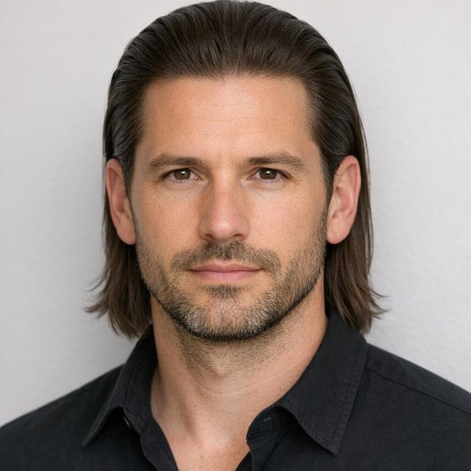 Man with long hair slicked back and tucked behind both ears