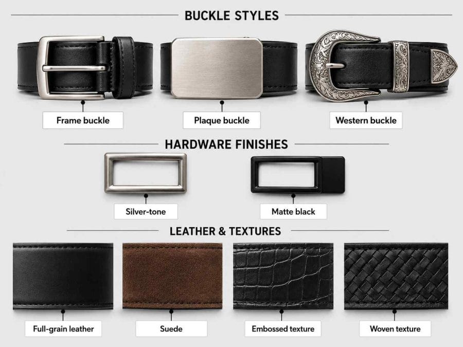 Labeled grid of statement belt design elements showing frame, plaque, and western buckles plus leather, suede, and embossed textures.