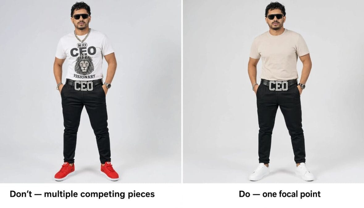 Side-by-side comparison of a statement belt worn correctly with a neutral outfit versus incorrectly with competing bold pieces.
