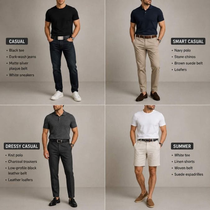 Four men’s outfits showing statement belts worn with dark jeans, stone chinos, charcoal trousers, and linen shorts.