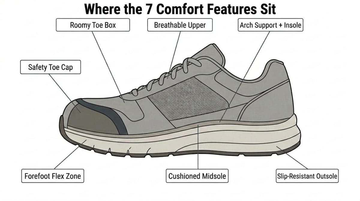 Side-profile diagram of a safety-toe sneaker with seven labeled parts: toe box, toe cap, upper, midsole, outsole, insole, and flex zone.