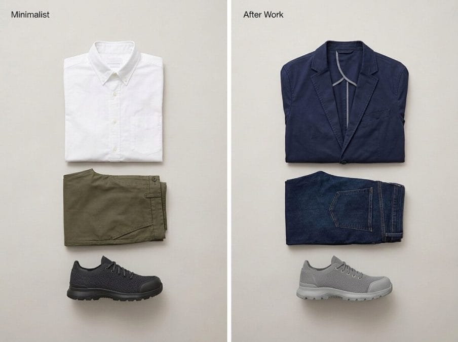Two flat-lay outfit pairings: black knit safety sneaker with olive chinos and oxford shirt; neutral knit safety sneaker with dark jeans and casual blazer.