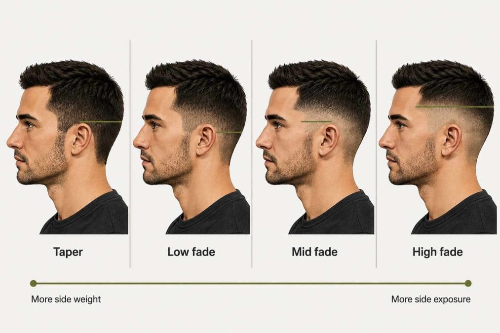 Taper, low fade, mid fade, and high fade compared by temple exposure