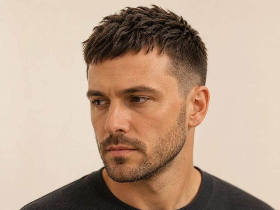 Textured crop with choppy layers breaking up a receded hairline