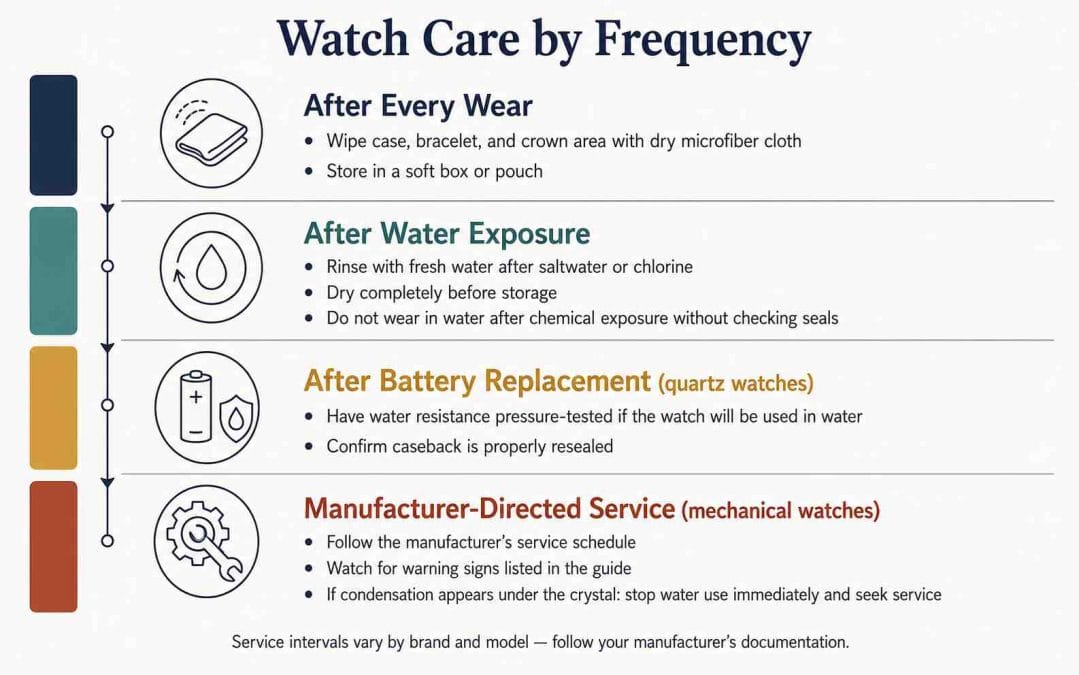 Four-tier watch care timeline organized by frequency: after every wear, after water exposure, after battery replacement, and at manufacturer-directed service intervals.