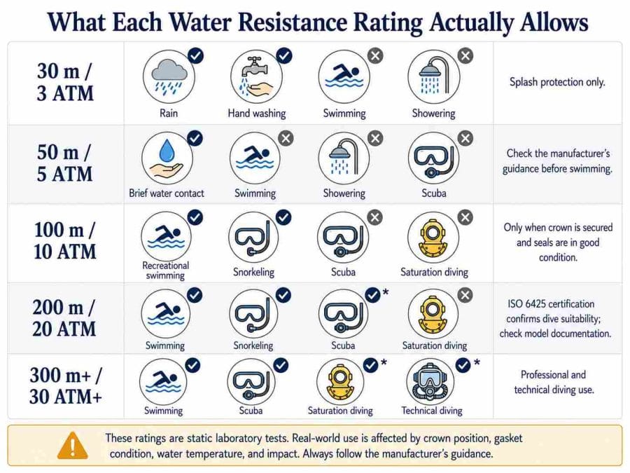 Water resistance activity guide from 30 meters to 300 meters, showing suitable and unsuitable activities for each rating.