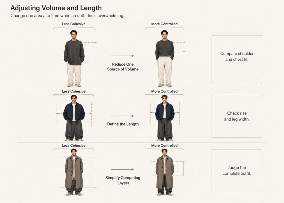 Three outfit comparisons showing how shorter lengths, controlled upper volume, and simpler layering can improve proportion balance