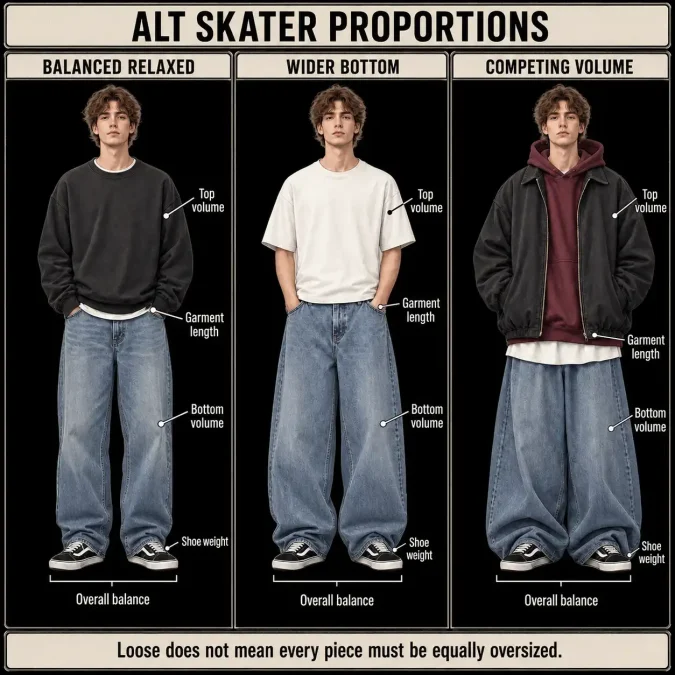 Three alt skater outfits compare balanced relaxed proportions, wider-bottom balance, and excessive competing volume