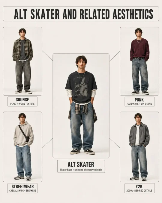 Alt skater style compared with grunge, punk, streetwear, and Y2K through their main clothing and texture differences