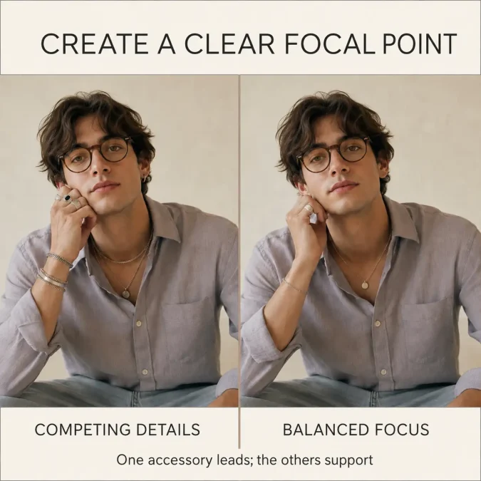 Competing accessory details compared with a coordinated look using one clear focal accessory