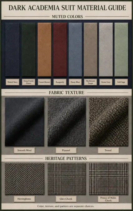 Muted suit colors compared with smooth wool, flannel, tweed, herringbone, and classic check samples