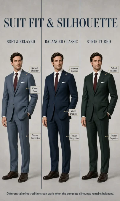 Soft, balanced, and structured suit silhouettes compared through shoulder shape, waist definition, and trouser proportion