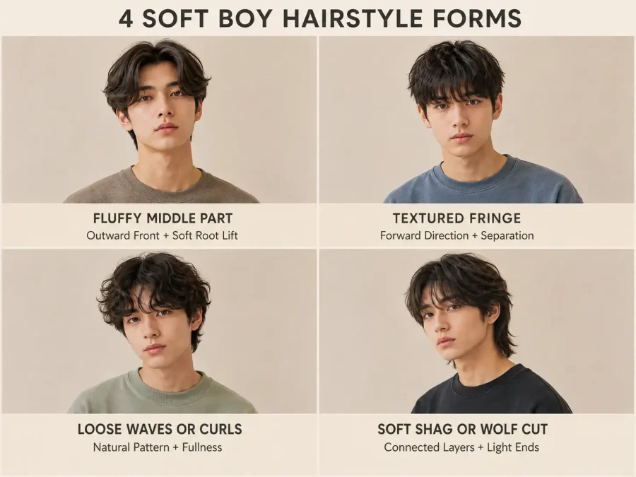 Comparison of a fluffy middle part, textured fringe, loose natural curls, and a connected layered wolf cut