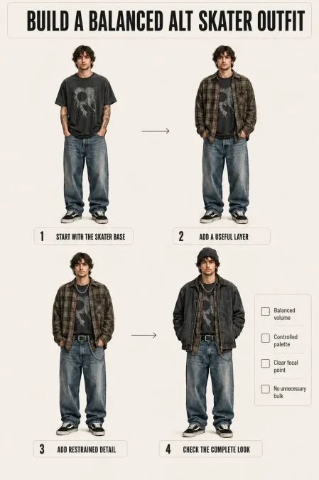 Four-step process builds a balanced alt skater outfit from a skater base using layering and restrained alternative details