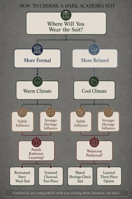 Decision path for choosing a dark academia suit by setting, climate, visual intensity, and layering needs