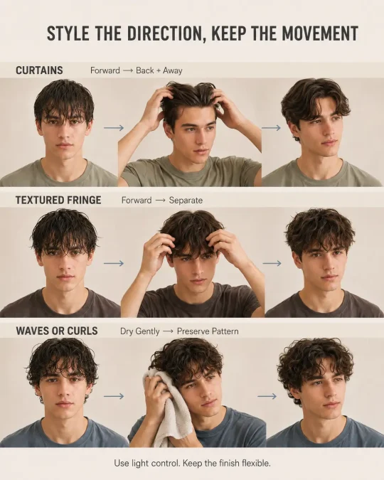 Three styling routes showing directional drying for curtains, a textured fringe, and natural waves or curls
