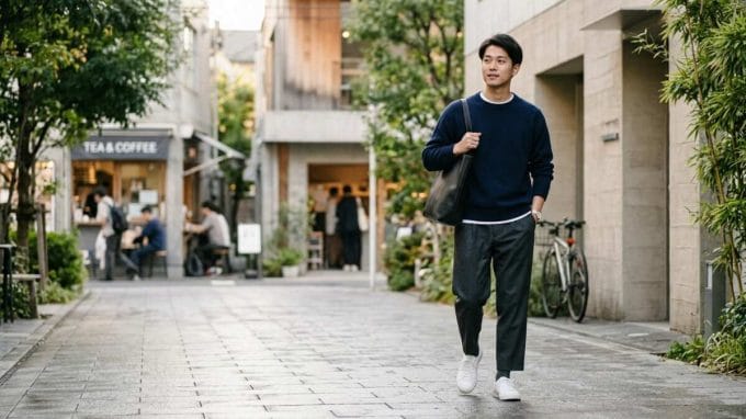 Man wearing a boxy jacket, straight trousers, muted colors, and understated footwear in a Japanese minimalist outfit