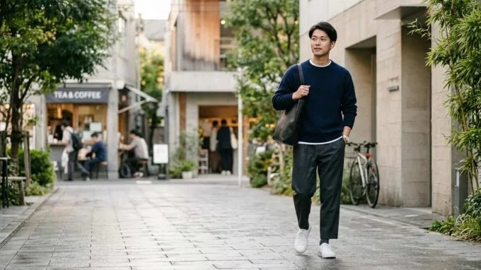 Man wearing a boxy jacket, straight trousers, muted colors, and understated footwear in a Japanese minimalist outfit