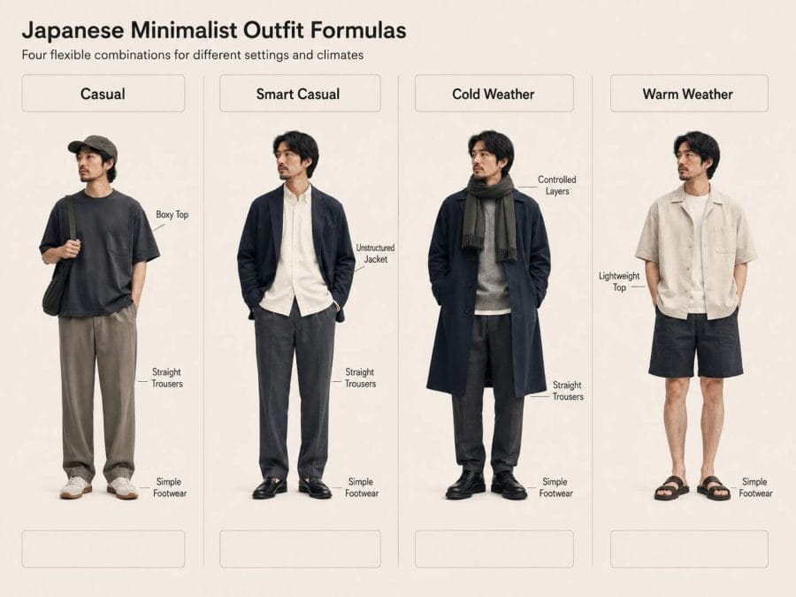Four minimalist menswear formulas for casual, smart-casual, cold-weather, and warm-weather outfits