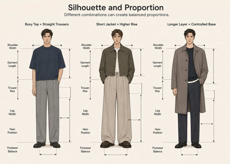 Three minimalist menswear silhouettes comparing top length, trouser rise, leg width, hem position, and footwear balance