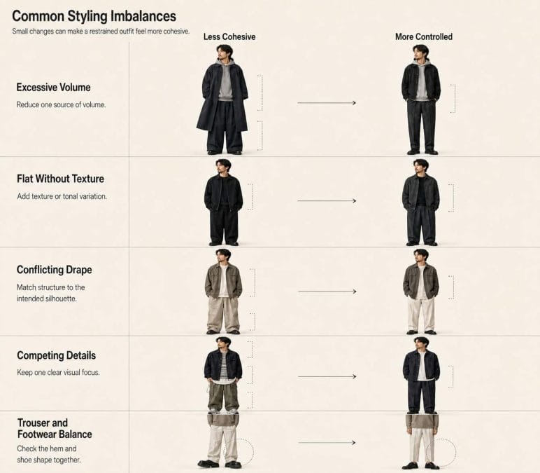 Five outfit comparisons showing differences in volume, black fabric texture, drape, layering, and trouser-to-footwear balance