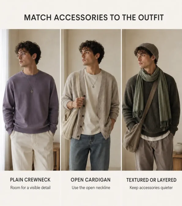 Plain crewneck, open cardigan, and layered soft boy outfits matched with different accessory treatments