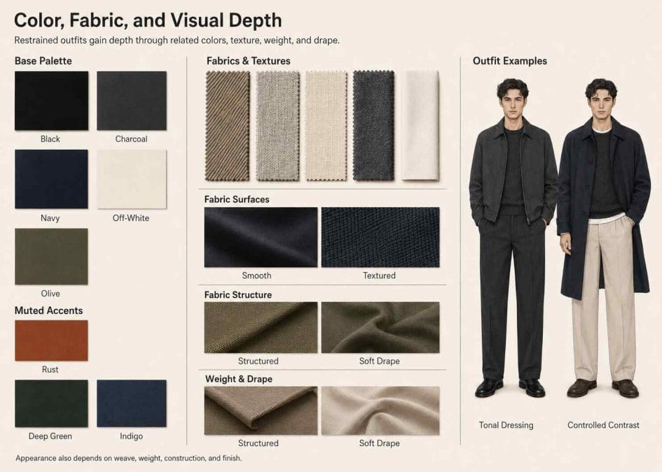 Neutral color palette and fabric comparisons showing tonal dressing, controlled contrast, texture, structure, and drape