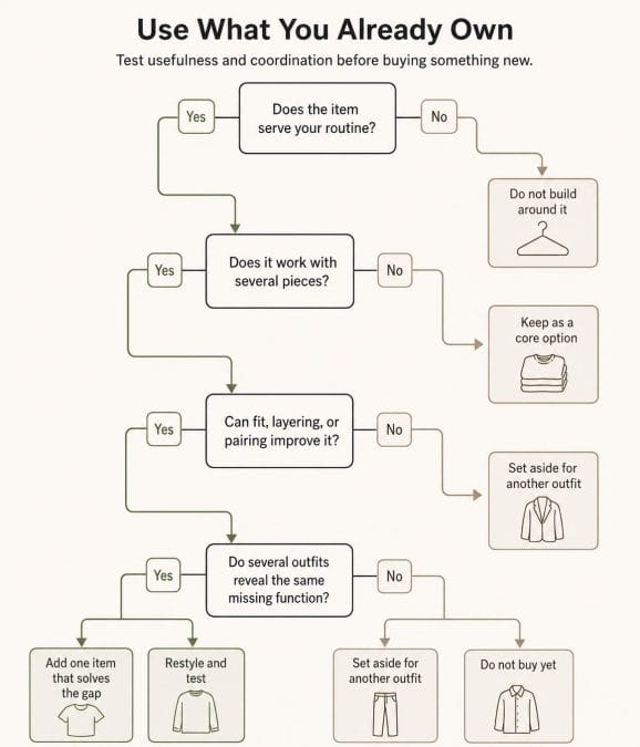 Decision process for testing existing clothes before identifying and buying a genuinely missing wardrobe item