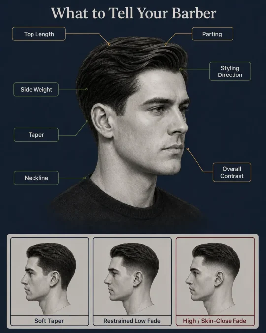 Old money haircut diagram identifying top length, styling direction, side weight, taper, neckline, and overall contrast