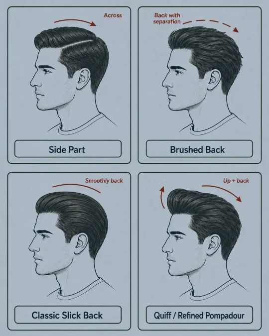 Styling directions for a side part, brushed back hair, slick back, and front-lifted quiff or pompadour