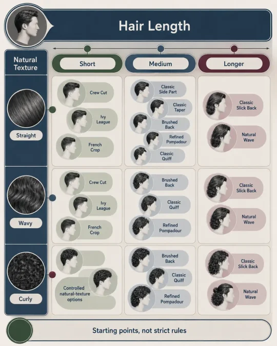 Old money hairstyle selector comparing options by short, medium, and longer hair with straight, wavy, and curly textures