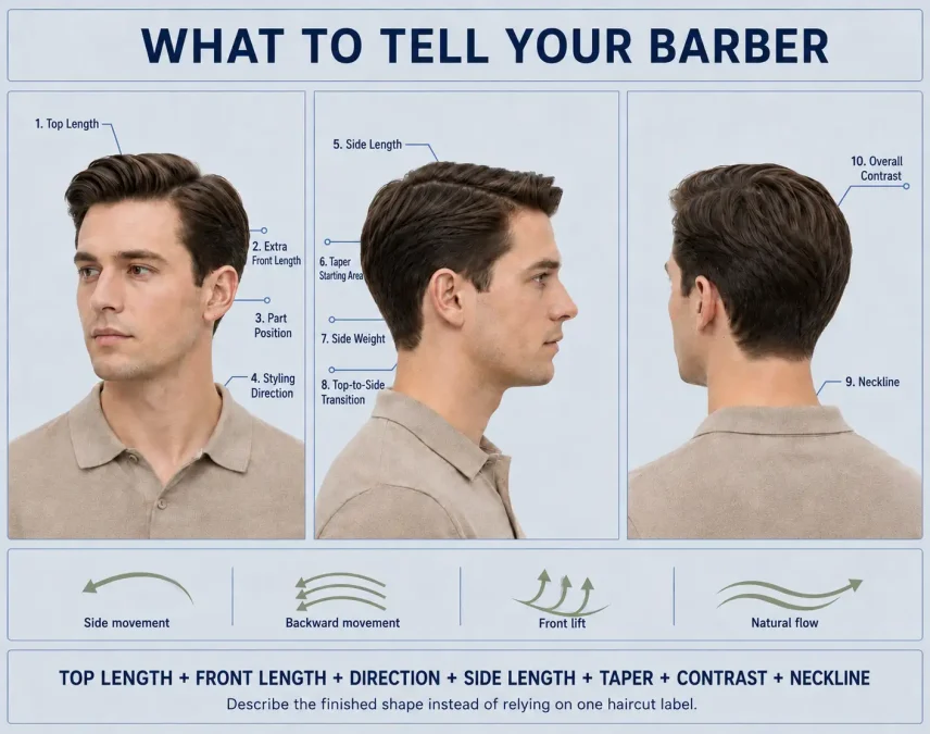 Three haircut views identify the top, sides, taper, styling direction, contrast, and neckline to discuss with a barber.