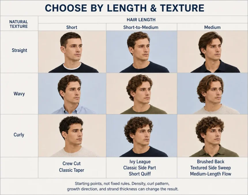 Hair-length and texture matrix showing how straight, wavy, and curly hair change preppy hairstyle shape and volume.