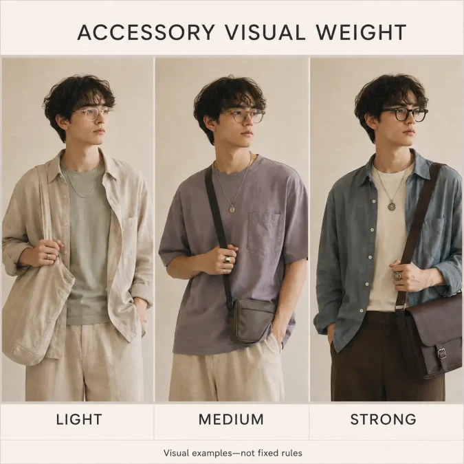 Light, medium, and strong accessory visual weight compared through jewelry, glasses, and bags