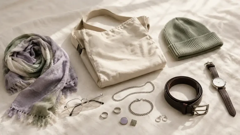 Soft boy aesthetic accessories including jewelry, glasses, a canvas bag, beanie, watch, scarf, belt, and pins