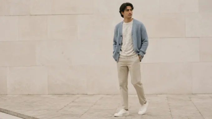 Man wearing a striped rugby shirt, relaxed beige trousers, and white sneakers in a balanced soft boy outfit.