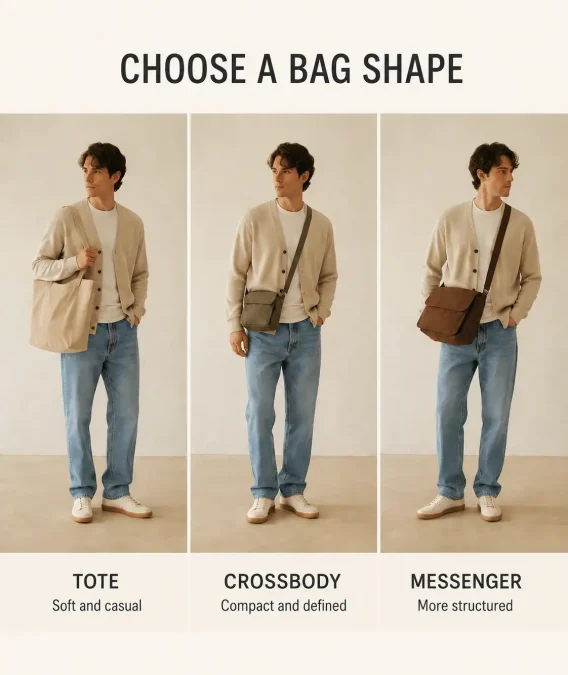 Soft canvas tote, compact crossbody, and structured messenger bag styled with similar relaxed outfits