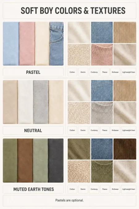 astel, neutral, and earth-toned soft boy color groups paired with soft clothing textures