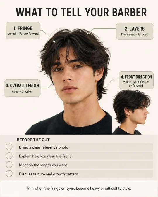 Barber guide identifying the fringe, layers, overall length, and front direction of a soft boy hairstyle