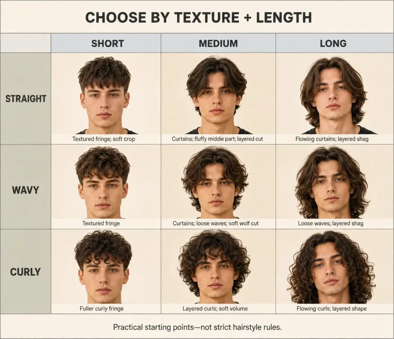 Matrix matching straight, wavy, and curly hair with soft boy hairstyles at short, medium, and long lengths