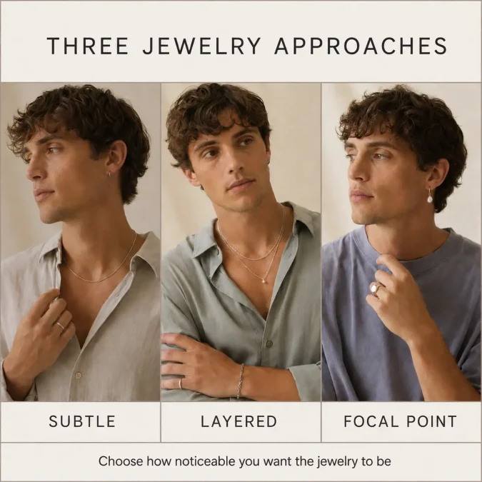 Subtle jewelry, separated necklace layers, and one focal accessory styled in three soft boy looks