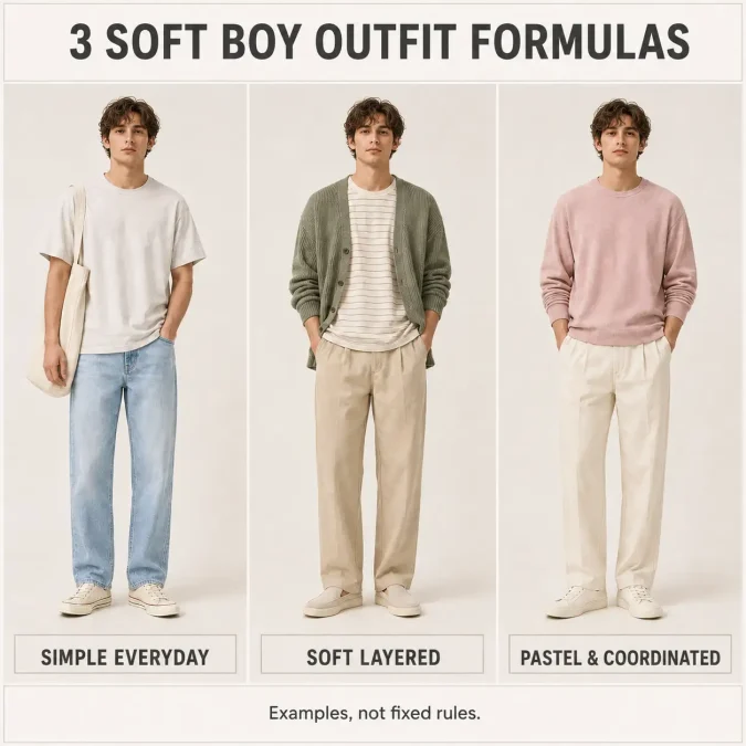 Three complete soft boy outfits compare an everyday look, a layered look, and a coordinated pastel or neutral look