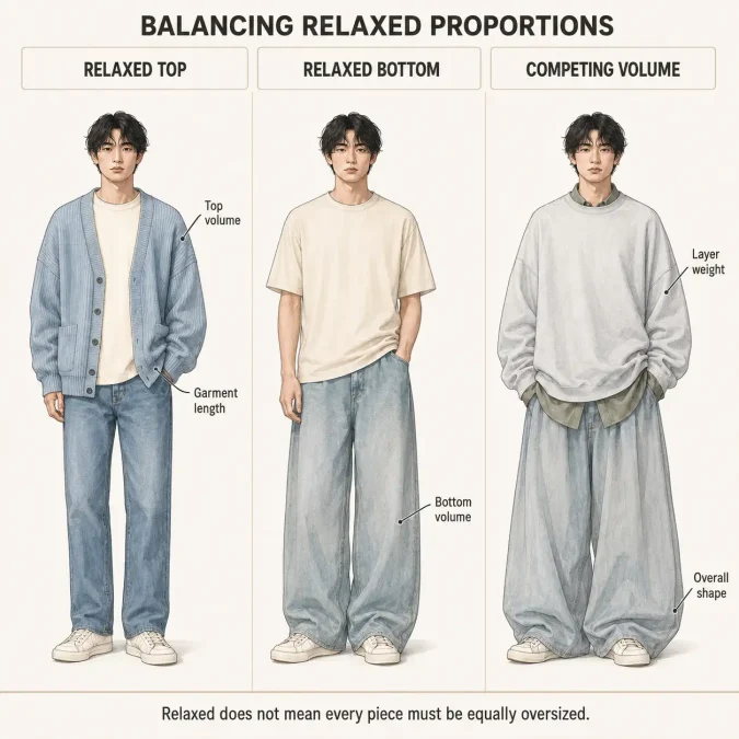 Three soft boy outfits compare a relaxed top, wider trousers, and excessive competing volume