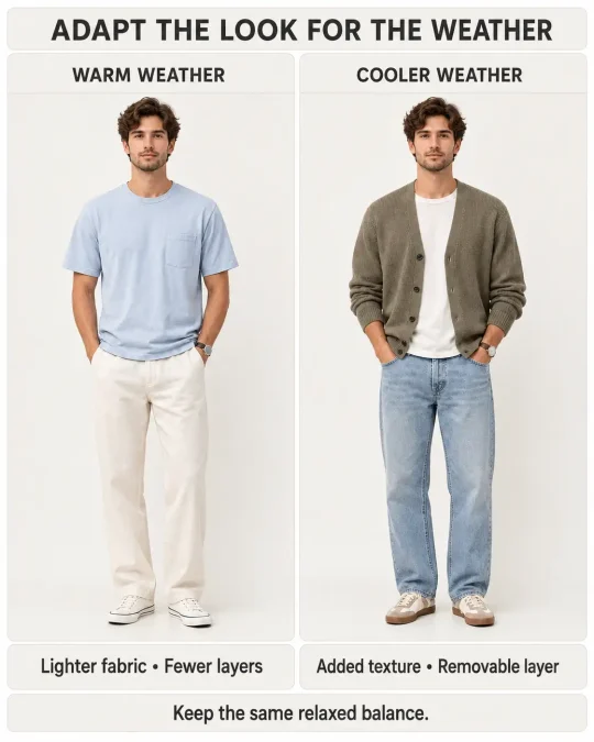 Warm-weather and cool-weather soft boy outfits compare lighter fabrics with removable layers