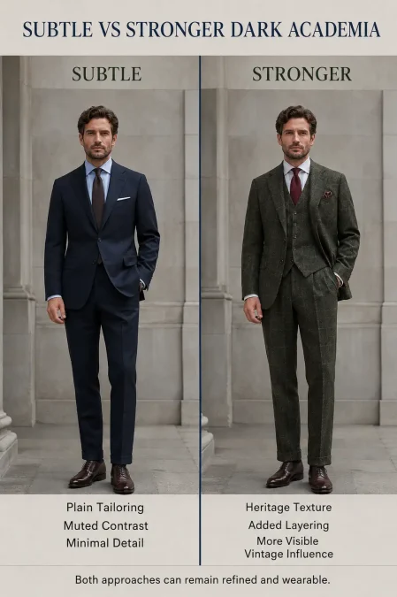 Subtle plain tailoring compared with a more textured and layered dark academia suit outfit