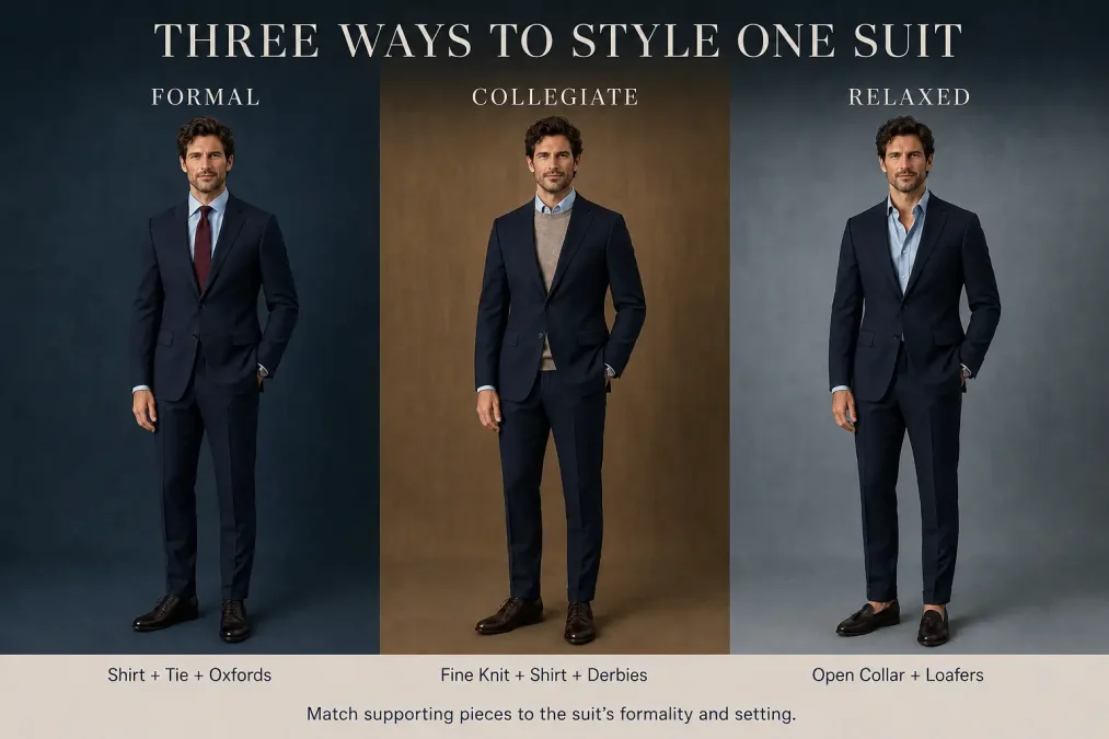One suit styled formally with a tie, collegiately with fine knitwear, and casually with an open-collar shirt