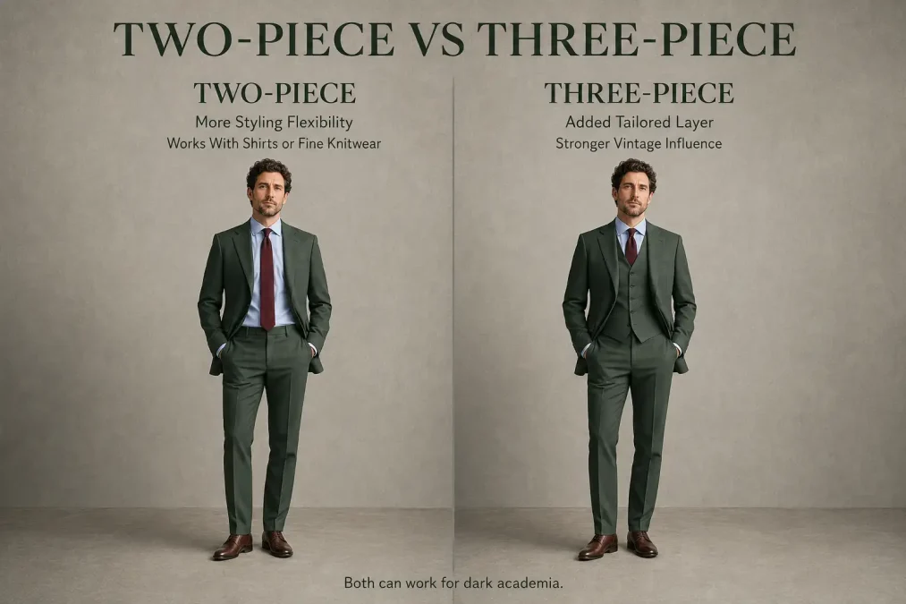The same dark academia suit shown without and with a matching waistcoat