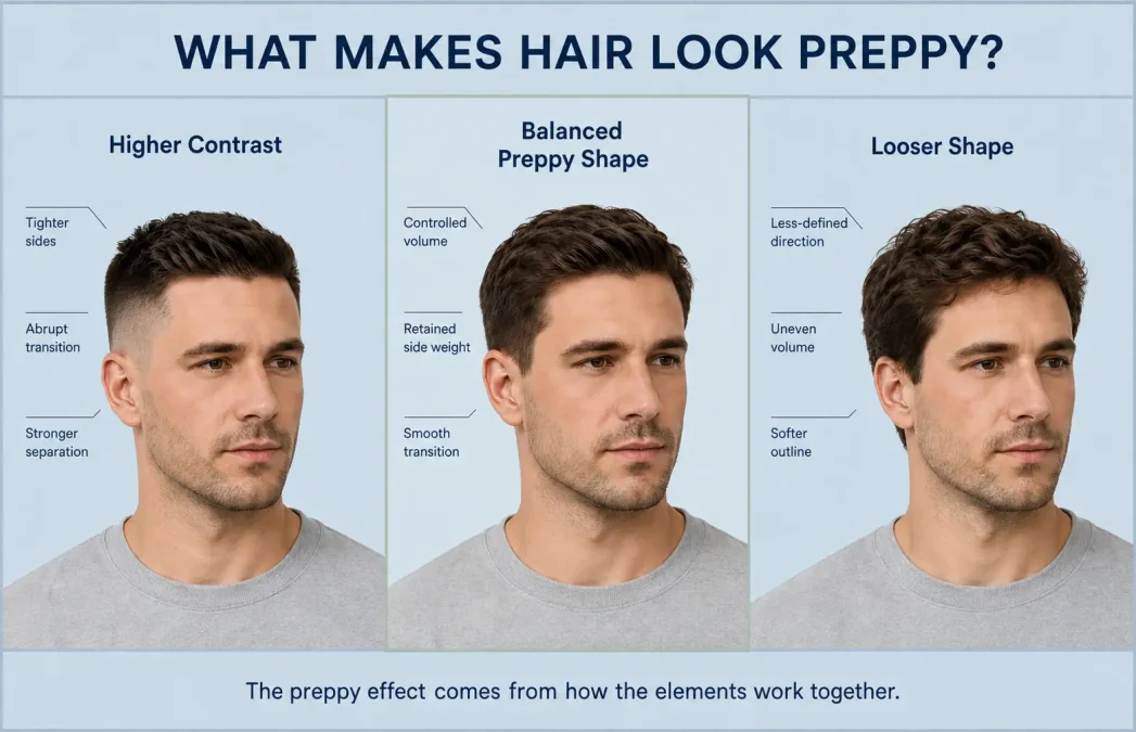 Three hairstyle outcomes compare stronger contrast, balanced preppy proportions, and a looser shape.